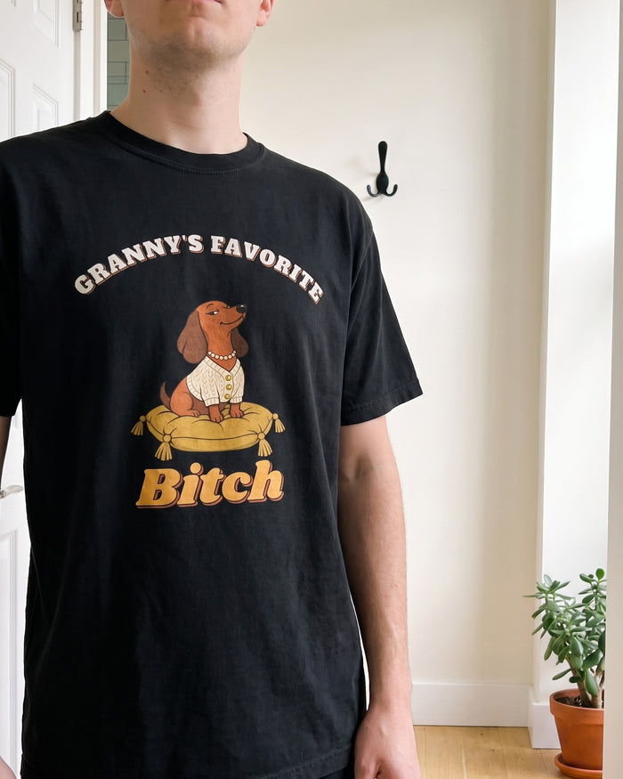 Granny's Favorite dachshund tee, worn