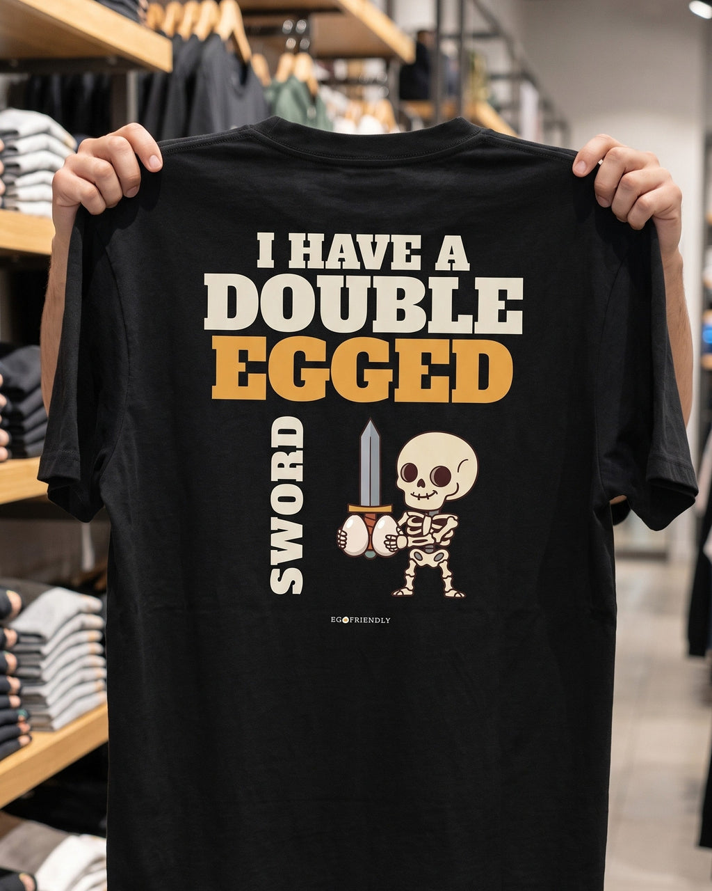 Someone holding the I Have A Double Egged Sword tee open by the shoulders in a shop aisle, showing the full back print on black garment-dyed cotton.