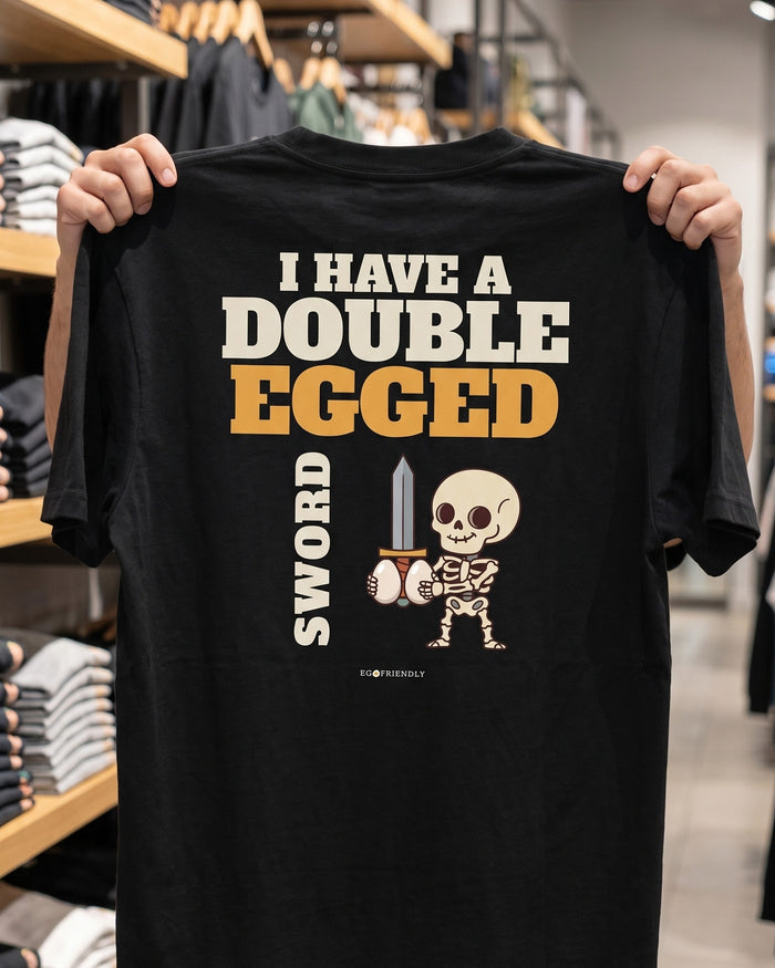 Someone holding the I Have A Double Egged Sword tee open by the shoulders in a shop aisle, showing the full back print on black garment-dyed cotton.