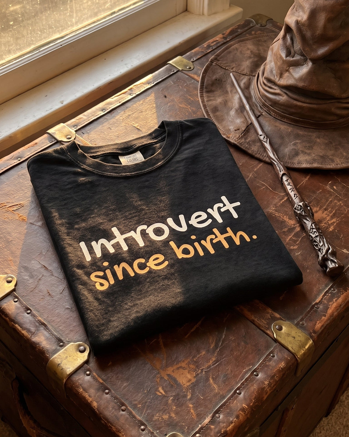 A black crewneck t-shirt with a distressed finish and the text 'Introvert since birth.' printed in white and orange, styled on a vintage wooden trunk next to a pointed hat and wand.