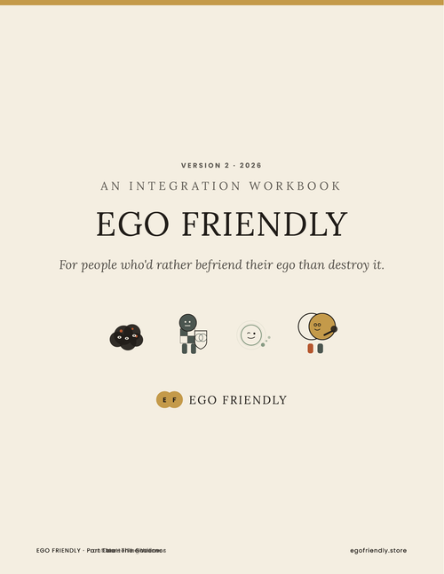 Cover of the Ego Friendly Integration Workbook, with the four brand 
mascots and the tagline "For people who'd rather befriend their ego 
than destroy it."