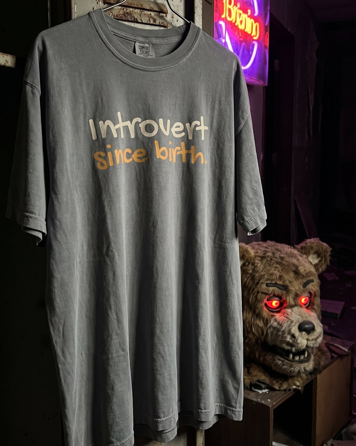 A gray oversized t-shirt hanging on a rusty metal door, featuring the text 'Introvert since birth' in a stylized white and orange font. The shirt is photographed in a dark, atmospheric room with a neon sign and a creepy bear head prop in the background.
