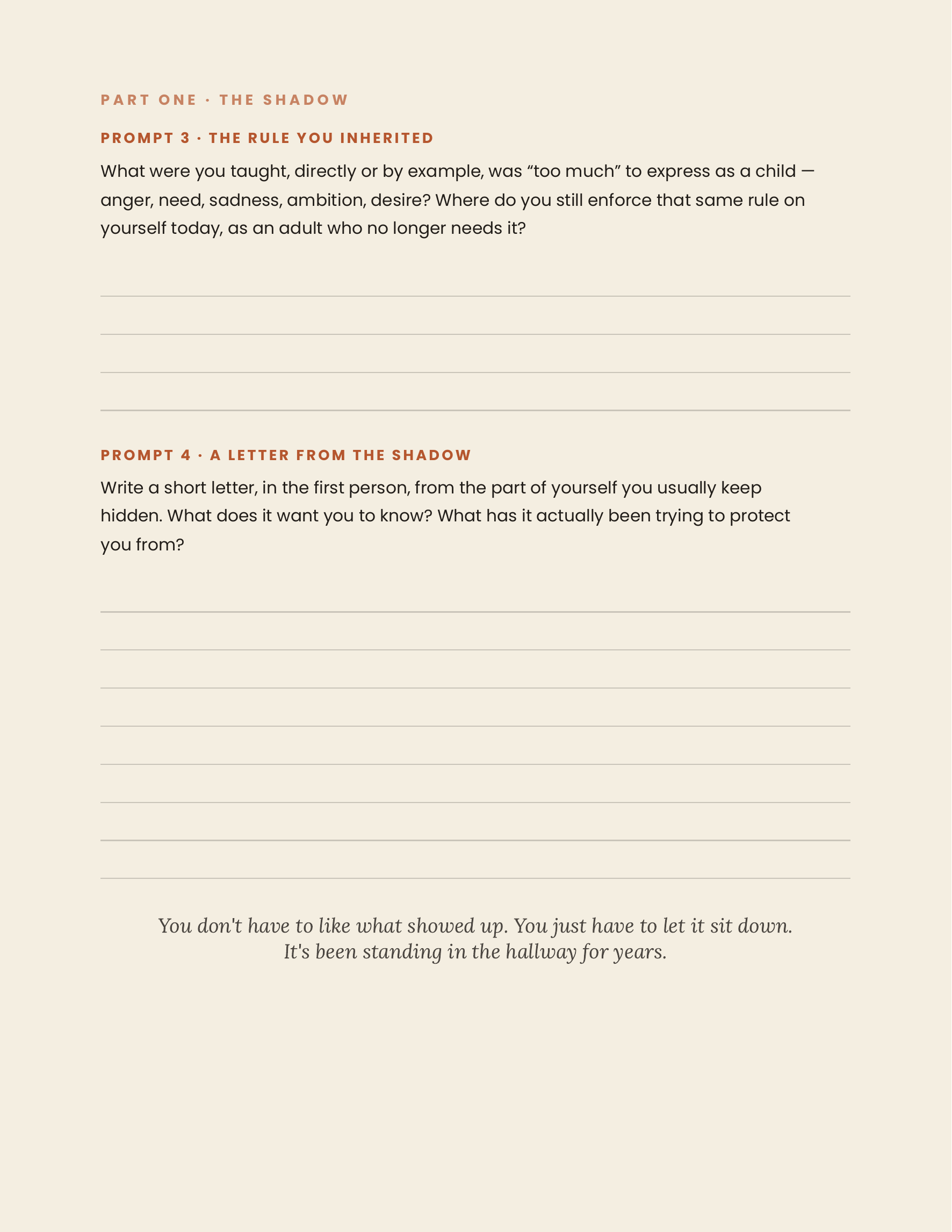 A workbook page from Part One, the Shadow, showing journal prompts 
with ruled lines for writing.