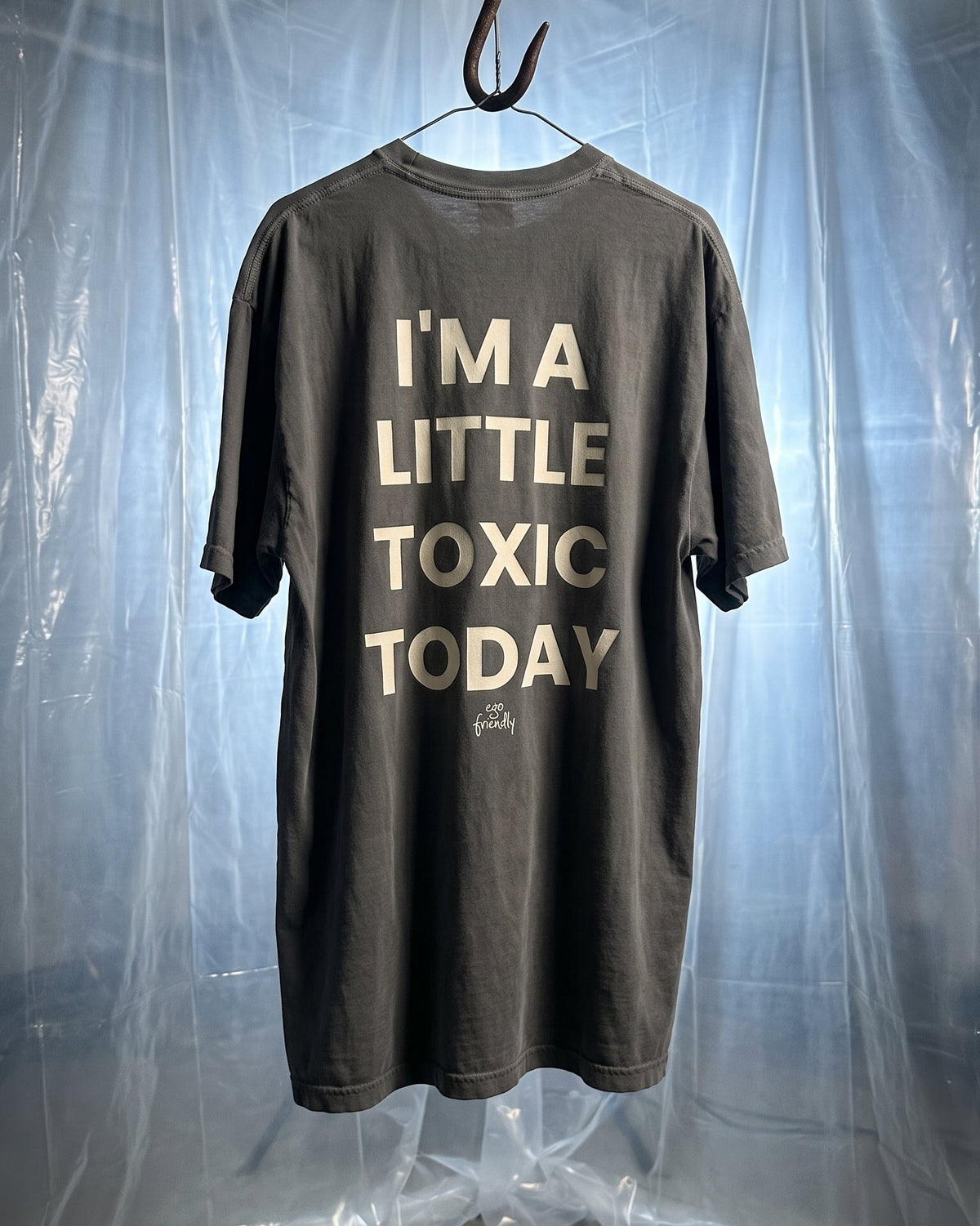A dark gray t-shirt hanging from a hook against a backdrop of clear plastic sheeting. The back of the shirt features the text 'I'M A LITTLE TOXIC TODAY' in a light beige font.