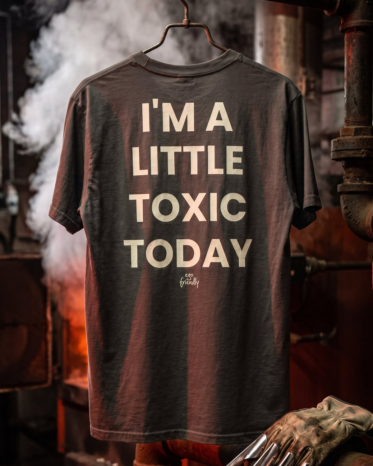 A dark charcoal gray t-shirt hanging on a metal stand in an industrial, smoky setting. The back of the shirt features the text 'I'M A LITTLE TOXIC TODAY' in a bold, cream-colored font.