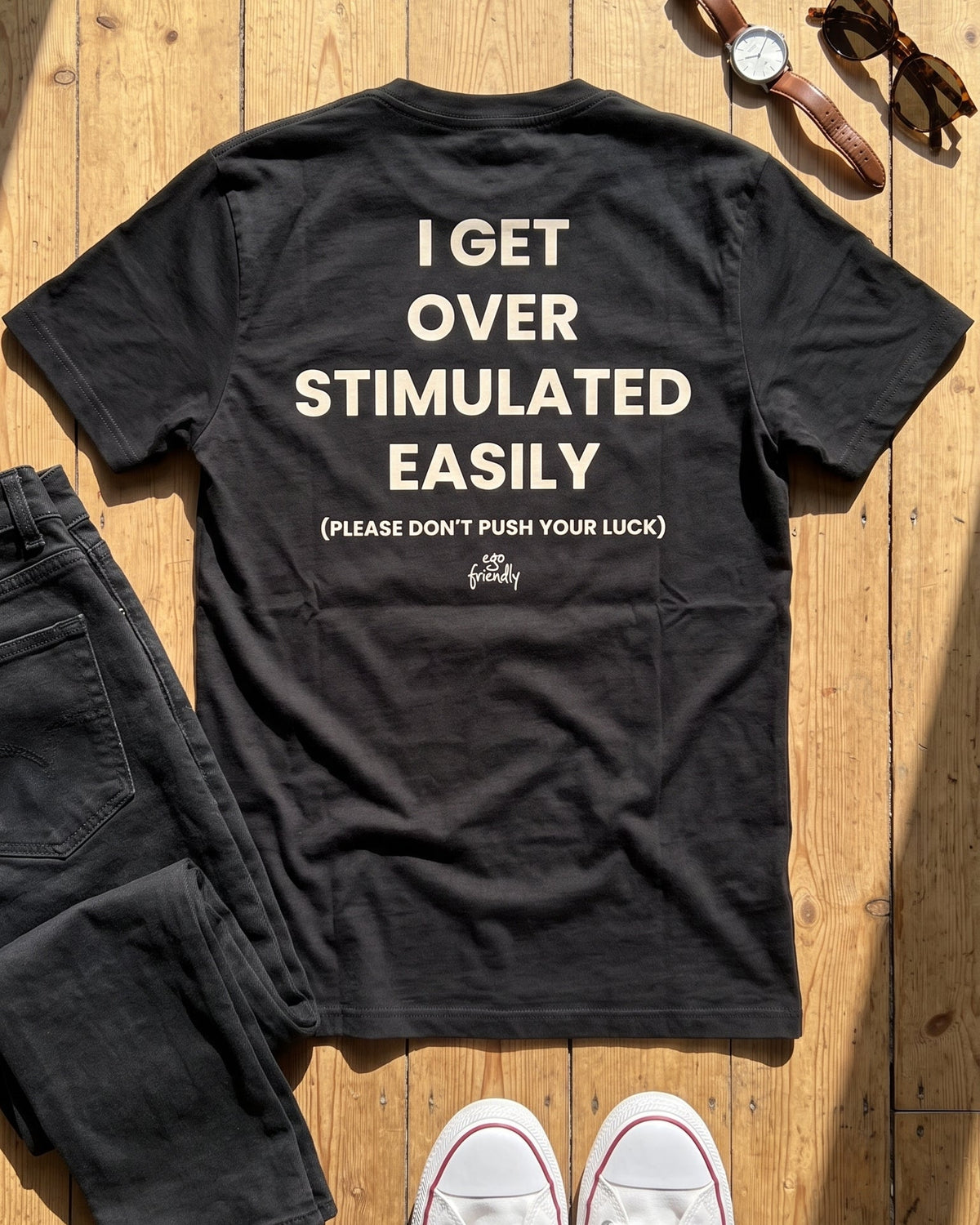 I Get Overstimulated Easily Back Print Tee | Please Don't Push Your Luck Shirt (Black)