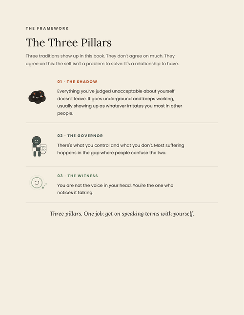 Workbook page introducing the three pillars — the Shadow, the 
Governor, and the Witness — each paired with its mascot icon.