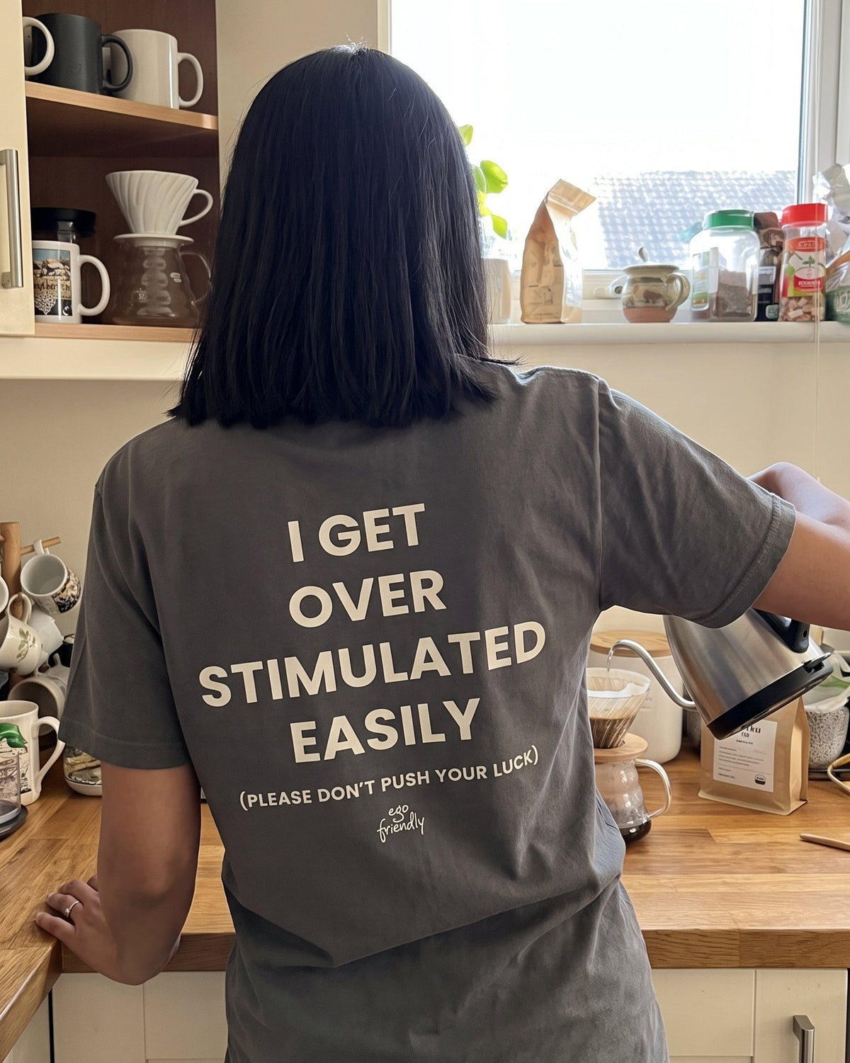 I Get Overstimulated Easily Back Print Tee | Please Don't Push Your Luck Shirt (Black)
