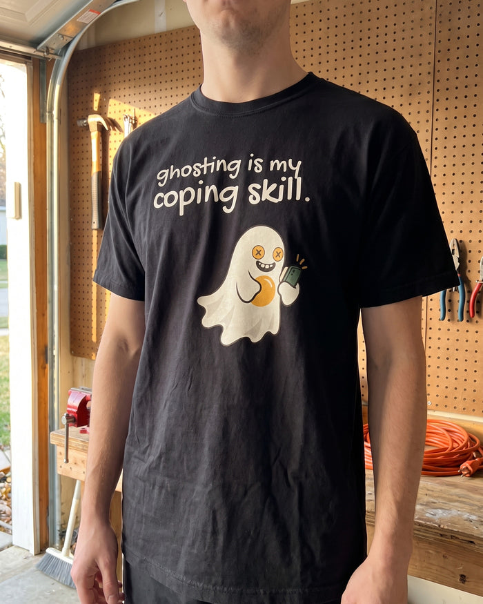 Ghosting Is My Coping Skill tee, worn