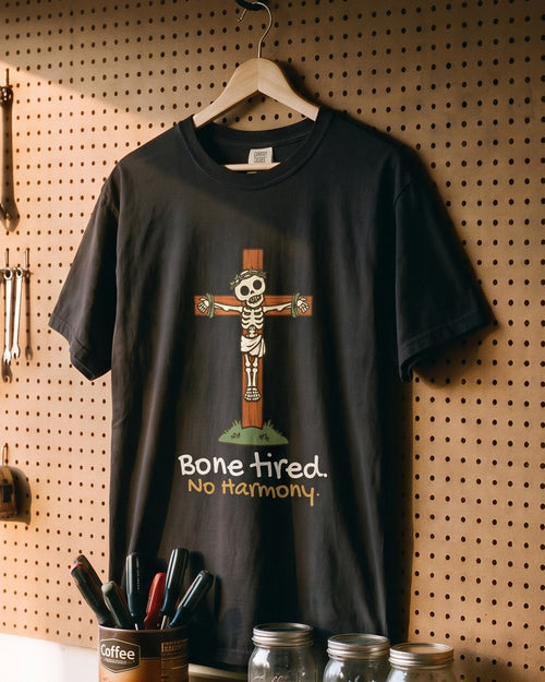 Bone Tired No Harmony tee, on a hanger