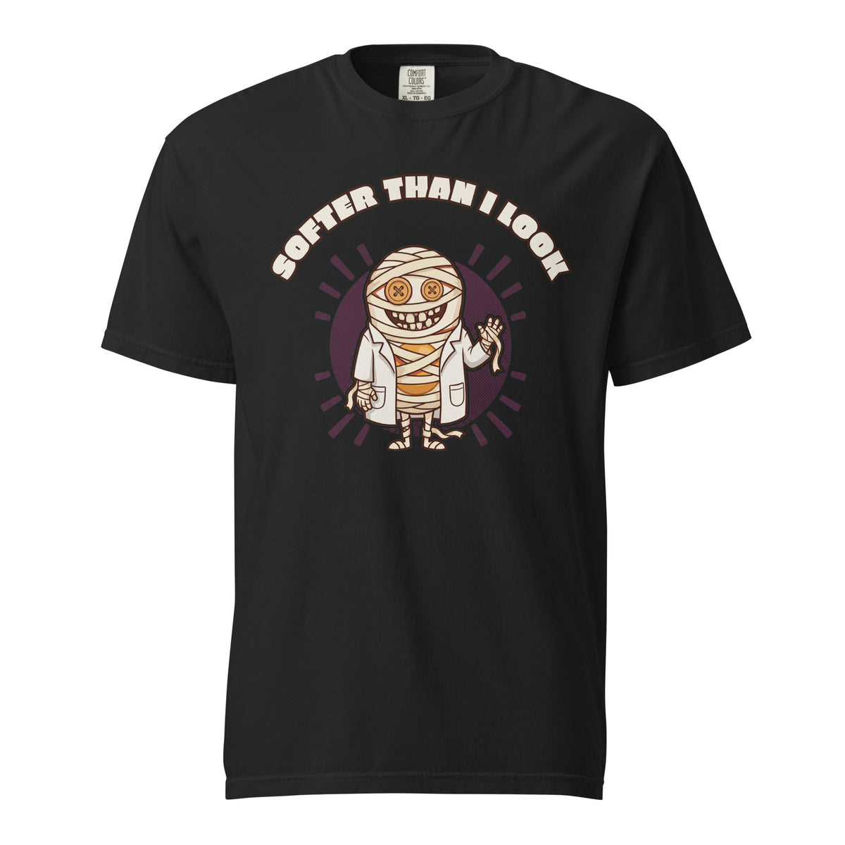 “Softer than I look.” — Eggo as the Mummy printed on a black tee, front view