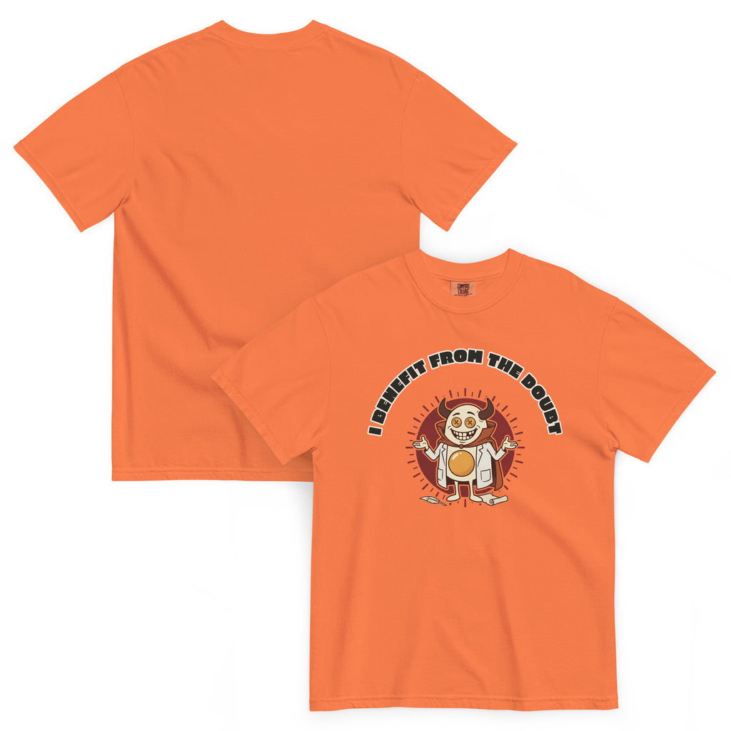 Benefit Of The Doubt tee in burnt orange, front and back. The back is left blank.